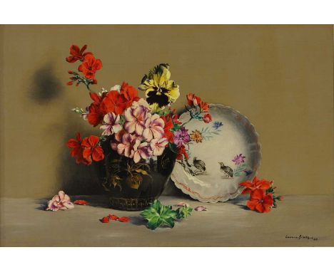 ▲ Laurence Biddle (1888-1968) Still life of pansies in a gilded black vasesigned and dated 'Laurence Biddle 44' l.r., oil on 