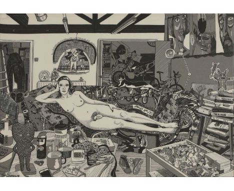 After Sir Grayson Perry RA 'Reclining Artist', 2017tea towel, digital print on cotton49 x 67cm (visible)Condition ReportFrame