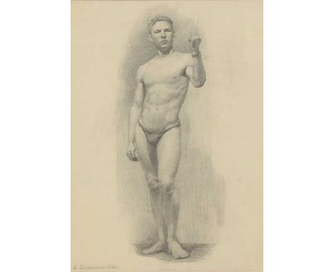 Boris Sporykhin (1928-2020) Study of a standing male nudesigned in Cyrillic and dated '52' l.l., pencil heightened with white