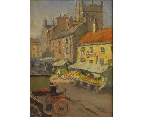 William Cave Day RBA (1862-1924) Market day, believed to be Richmond, North Yorkshiresigned 'W CAVE DAY' l.r., oil on board22