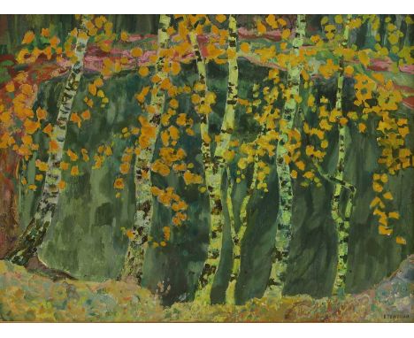 Viktor Templin (1920-1994) Birch trees, 1960signed in Cyrillic l.r., oil on card65 x 87cmCondition ReportFramed: 76 x 98cmApp