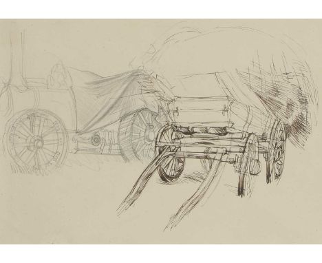 ▲ John Aldridge RA (1905-1983) 'Study of a Farm Cart and Tractor Engine'pencil, pen and ink18 x 25cmProvenance: From the arti