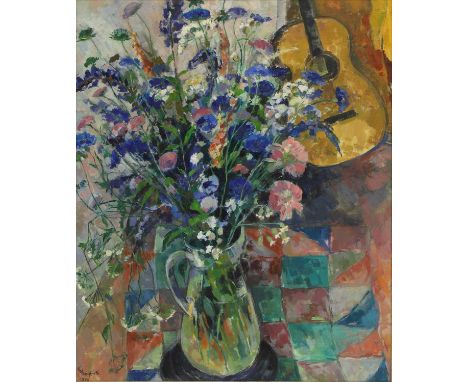 ▲ Charlotte Mensforth (b.1936) A still life of wildflowers in a glass jug and a guitarsigned and dated 'C Mensforth/1970' l.l