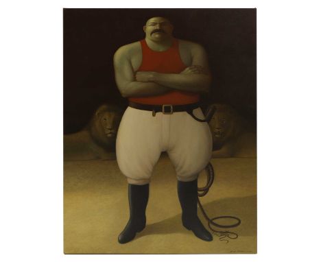 ▲ George Underwood (b.1947) 'The Lion Tamer'signed and dated 'George Underwood 2004' l.r., oil on canvas112 x 87cm, unframedP