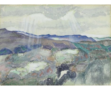 John Copley RBA (1875-1950) Sunlight breaking through the clouds over a hilly landscapewatercolour over pencil, heightened wi