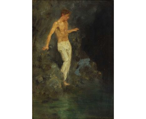 Henry Scott Tuke RA RWS (1858-1929) A young man among rocks at the water's edgesigned 'H. S. TUKE' l.r., oil on board27 x 20c