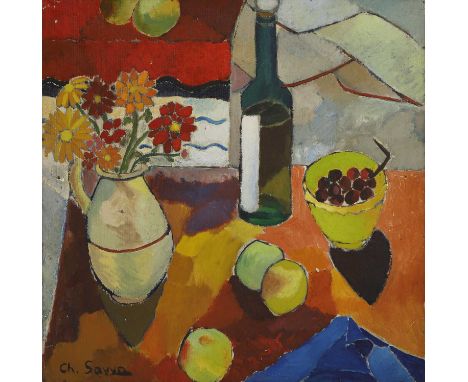 ▲ Christoforos Savva (Cypriot, 1924-1968) Still life of a jug of flowers, a bottle of wine and fruit on a tablesigned 'Ch. Sa