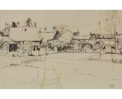 ▲ John Aldridge RA (1905-1983)  The allotments with artist's studio stamp l.r., pen and ink  18 x 27cm  Provenance: From the 