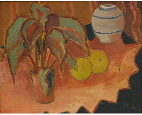 ▲ Christoforos Savva (Cypriot, 1924-1968) Still life of a pot plant, fruit and a vase on a tablesigned 'C H Savva' l.r., oil 