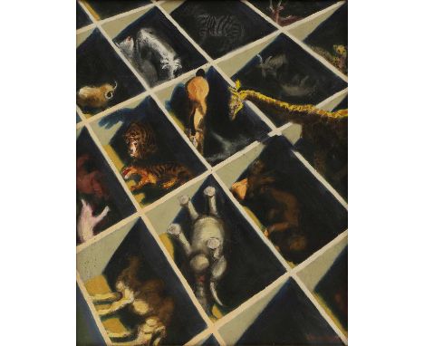 Derek Carruthers (1935-2021) 'Boxed Animals'signed 'Carruthers' l.r., dated '4.91' verso, oil on canvas 50 x 40cmProvenance: 