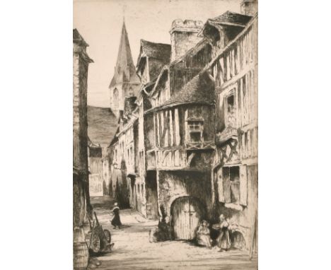 J. Beattie Scott (c. 1865-1937) children outside a shop with two other architectural etchings by different hands, two signed 