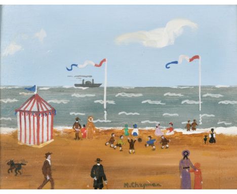 Margaret Chapman (1940-2000) British, Figures on a French beach with a paddle steam ship beyond, oil on board, 11" x 14".