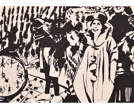 Continental school, A surreal subject with carnival figures, black + white print, signed indistinctly in pencil, 4.25" x 6", 