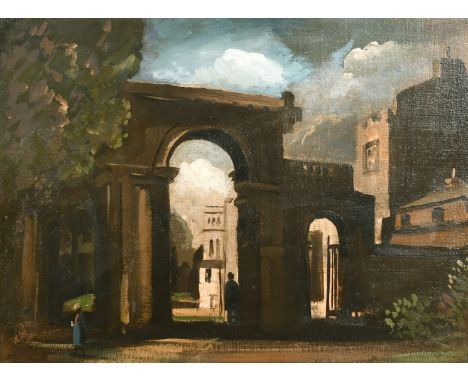 Philip Hugh Padwick (1876-1958) British, Figures by a classical archway, oil, 13.5" x 19.5".