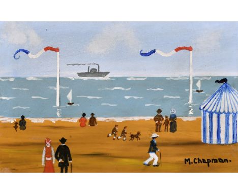 Margaret Chapman (1940-2000) British, Figures on a French beach with a paddle steam ship beyond, oil on board, 8.25" x 12.5",