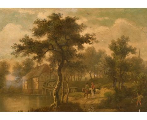 19th century school, possibly Dutch, a scene of figures on horseback by a watermill, oil on mahogany panel, 9.25" x 12.75".