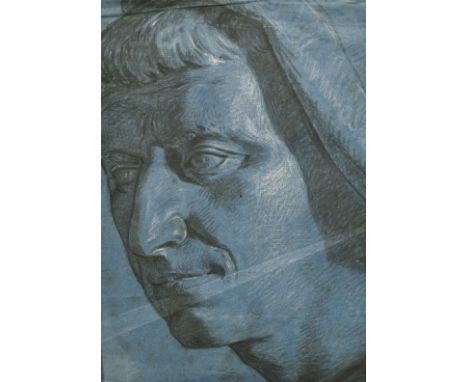 Old master drawing of a classical statue head, on blue paper with prancing unicorn watermark, 9" x 6.5", (unframed).