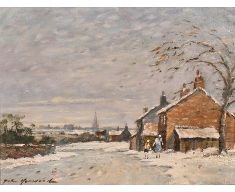 John Hammond Harwood (1904-1980), British, figures walking in the snow at dusk with a church beyond, oil on canvas, signed, 1