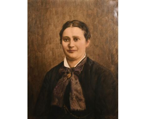 19th/20th century, A bust length portrait of a lady, oil on canvas, indistinctly signed, 28" x 21.5", (unframed).