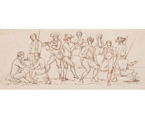 Continental school, (19th century) A scene of figures celebrating, ink, 3.25" x 7.5".