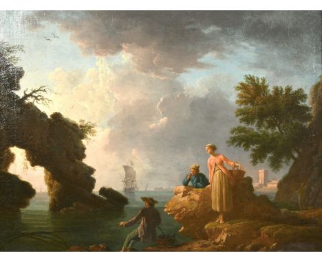 Claude Joseph Vernet (1714-1789) French, Figures by an Italian lagoon with vessels and a town beyond, oil on canvas, signed, 