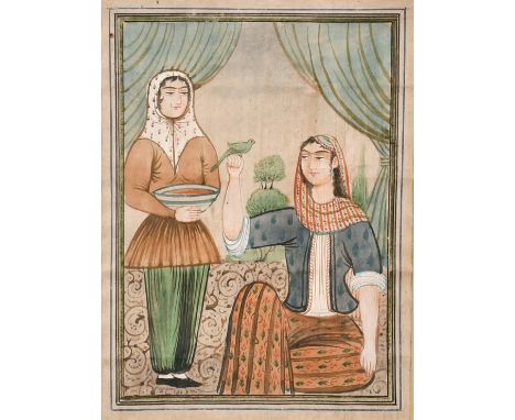 19th century Indian school, A scene of female figures, one holding a bird, watercolour, 6" x 4".
