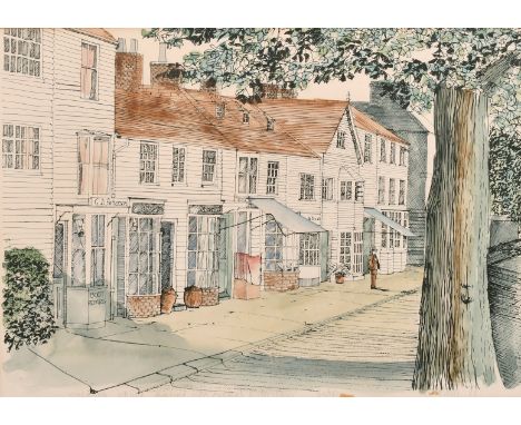 English school, Circa 1977, A view of a town street, serigraph and watercolour, signed and numbered 30/50 in pencil, 12" x 17