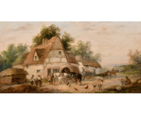 Georgina Lara (19th century) British, A pair of scenes of figures and horses in village settings, oil on canvas laid down, 8"