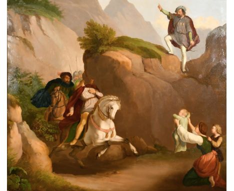 Hilger, A scene of a horseman shot by an arrow with a triumphant archer on a rock, oil on metal, signed, 28" x 31".