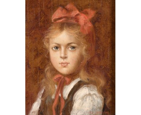 Follower of George Reichmann, A portrait of a girl with a red ribbon in her hair, oil on panel, bears signature, 4.75" x 4".