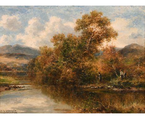 Carl Brennir (1850-1920) British, figures by a river with hills beyond, oil on canvas laid down, signed, 12" x 16".
