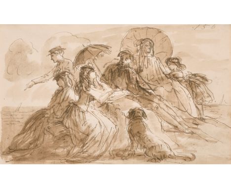 Circle of John Leech, Figures gathered on a beach, ink and wash, with another humorous sketch, probably by the same hand, 4" 