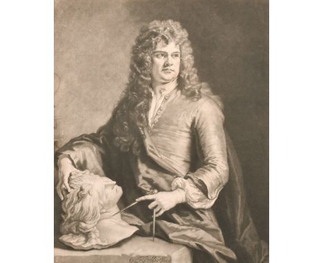 After Godfrey Kneller, 'Mr Grinlin Gibbons', mezzotint, along with two other antique portrait prints, the first 14" x 10.5", 