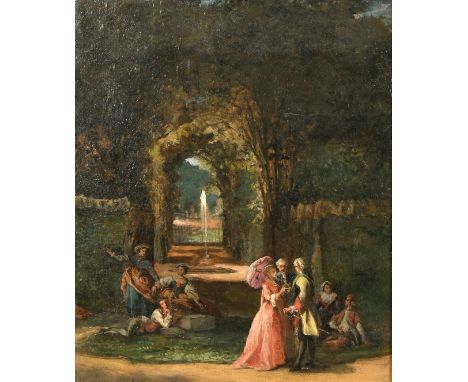 Attributed to Jean Carolus (1814-1897) Belgian, Elegant figures in a formal garden, oil on panel, signed, 12" x 10".