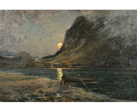 W. Scott Hudson (19th/20th century) British, figures launching a rowing boat on a mountain lake, under moonlight, oil on canv