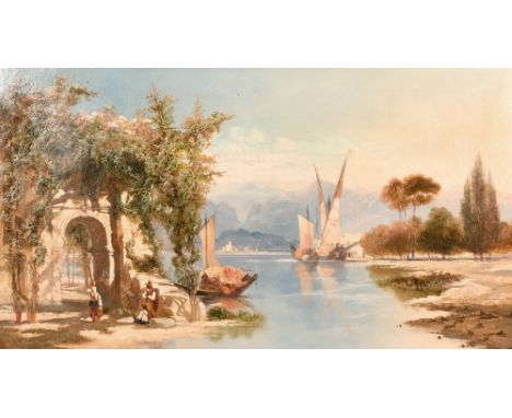 George Ireton, Figures resting on a stone by the river side with sail boats beyond, oil on canvas, signed and dated '1887', 1