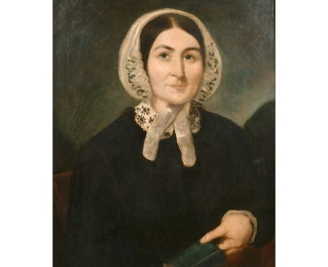 19th century English school, A bust length portrait of a lady in a bonnet, oil on canvas, 24" x 20".