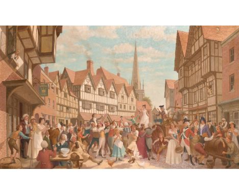 Eadie, circa 1958, A town celebration of a wedding with figures rejoicing, oil on panel, signed and dated, 29" x 48", (unfram