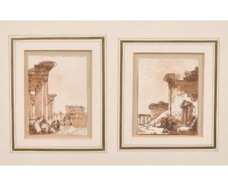 Italian School, (18th/19th century), Scenes of figures by classical ruins, ink and wash, 3" x 2" + 2.75" x 2".