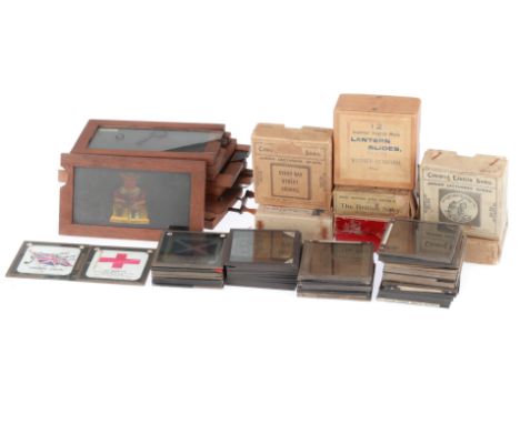 including a collection of 3x3 glass slides some sets in boxes not checked for completeness, along with 8 Victorian slip Slide