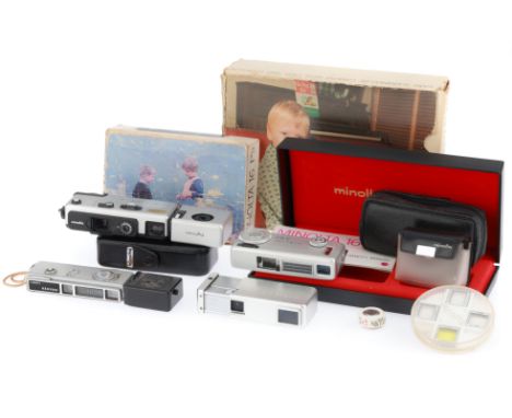 comprising a Minolta-16QT, body F-G, shutter works, with flash holder, a Minolta-16 MG, light meter responds, shutter works, 