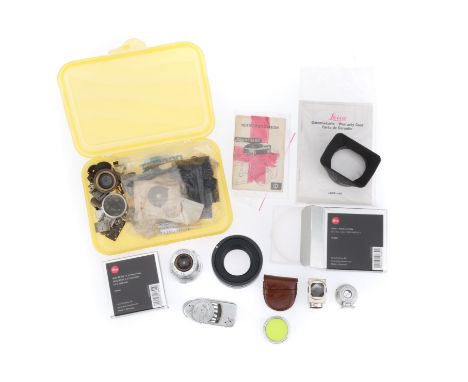 comprisng the collapsible lens, silver, serial number 897593, barrel G, optics F with haze, a Leica Meter MC, a 13.5cm shoe m