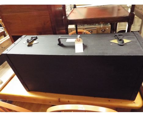 A large iron bound painted pine tool chest/strong box