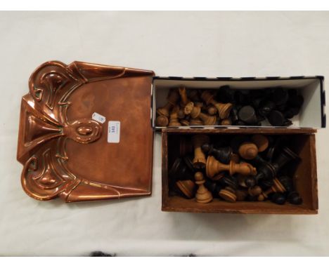 A selection of early 20thC wooden Staunton style chess pieces, vintage wooden dominoes and an Art Nouveau crumb tray 