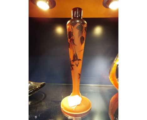 A reproduction Galle glass lamp base with etched copper coloured leaf decoration