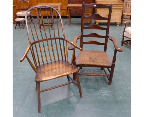 Late 19th/early 20th century ladderback carver chair with rush seat and spindle back Windsor chair