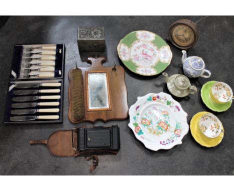 Dressing brush set, camera, alarm clock, teacups and saucers etc