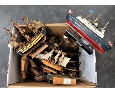 Box of model wooden sailing ships 