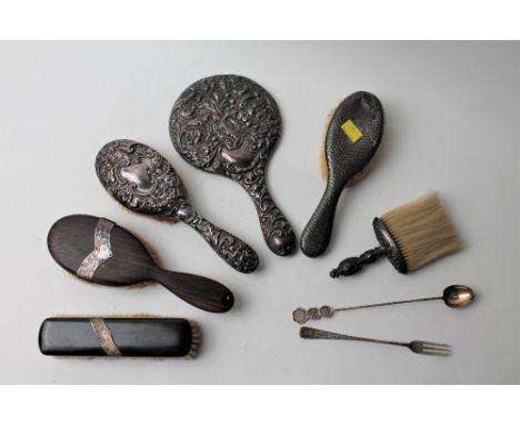 Silver backed dressing table brushes, mirrors, spoon and fork