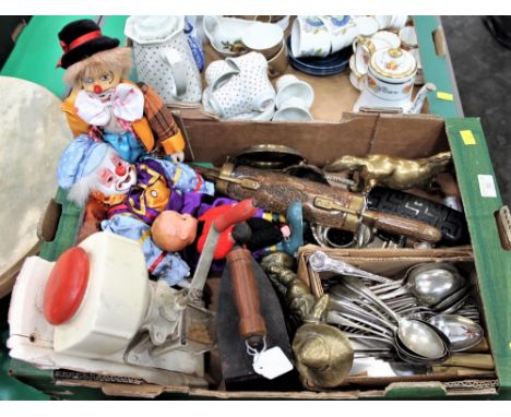 Vintage mincer, iron, cutlery, clowns, glassware etc